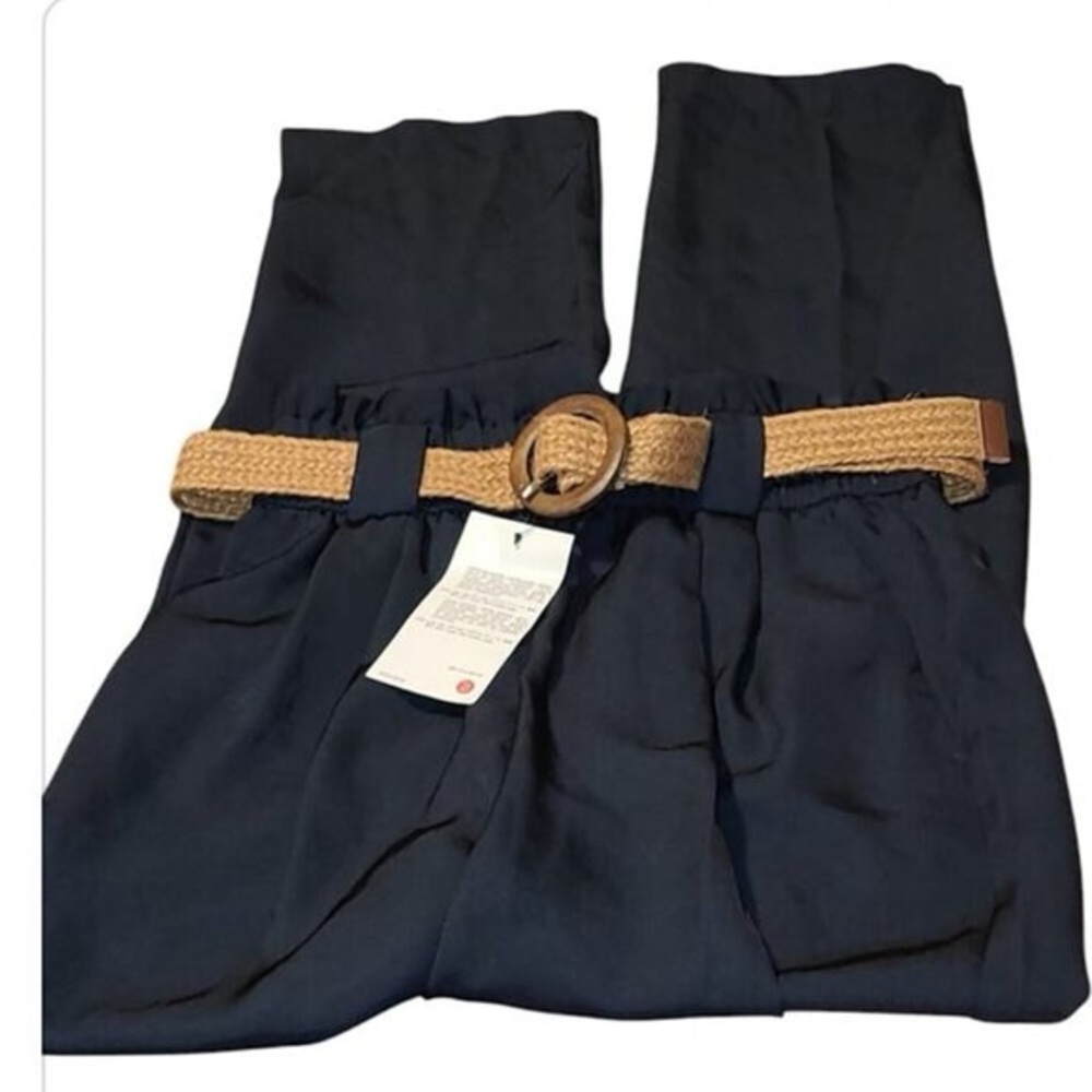 ZARA Trousers Women s Size XS Navy Cropped High Rise Straight Leg Belted Pants